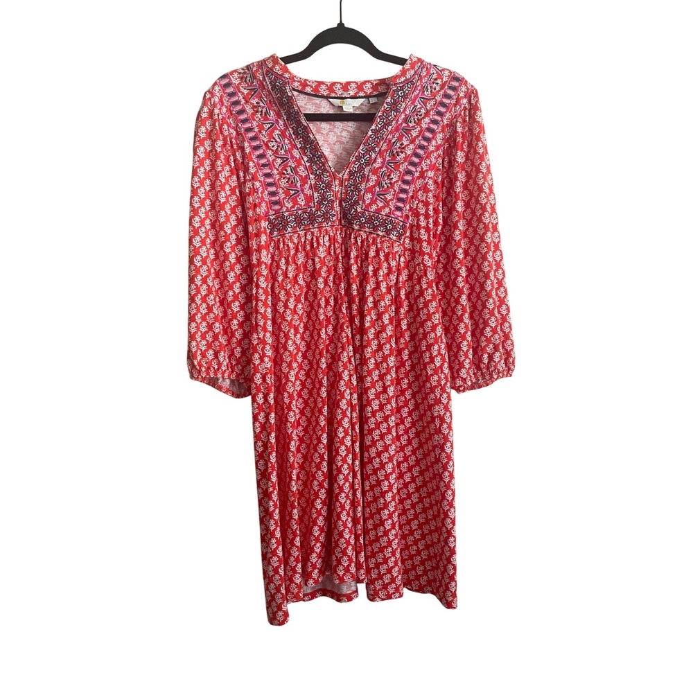 Boden Red White Floral Embroidered Boho Tunic Dress 6 Kaftan Vacation Resortwear